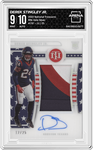Derek Stingley Jr. from the 2022 Panini National Treasures set featuring a Holo Silver parallel graded by Arena Club and given an overall grade of 9.