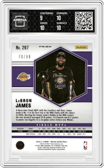 LeBron James from the 2020-21 Panini Mosaic set featuring a Choice Fusion Red & Yellow  parallel graded by Arena Club and given an overall grade of 9.5.