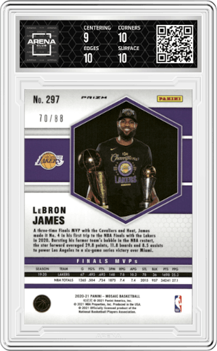 LeBron James from the 2020-21 Panini Mosaic set featuring a Choice Fusion Red & Yellow  parallel graded by Arena Club and given an overall grade of 9.5.