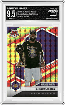 LeBron James from the 2020-21 Panini Mosaic set featuring a Choice Fusion Red & Yellow  parallel graded by Arena Club and given an overall grade of 9.5.