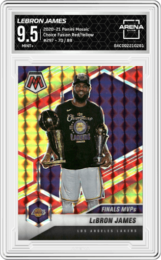 LeBron James from the 2020-21 Panini Mosaic set featuring a Choice Fusion Red & Yellow  parallel graded by Arena Club and given an overall grade of 9.5.