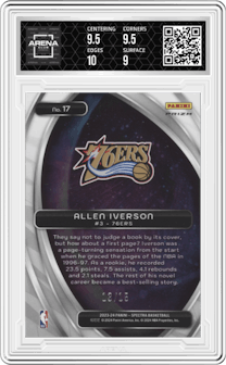 Allen Iverson from the 2023-24 Panini Spectra set featuring a Purple Scope FOTL parallel graded by Arena Club and given an overall grade of 9.5.