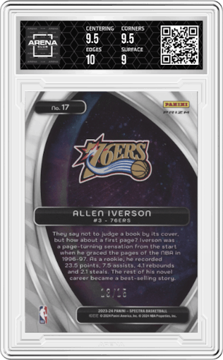 Allen Iverson from the 2023-24 Panini Spectra set featuring a Purple Scope FOTL parallel graded by Arena Club and given an overall grade of 9.5.