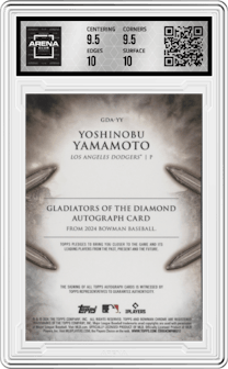 Yoshinobu Yamamoto from the 2024 Bowman Chrome set graded by Arena Club and given an overall grade of 10.