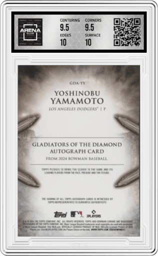 Yoshinobu Yamamoto from the 2024 Bowman Chrome set graded by Arena Club and given an overall grade of 10.