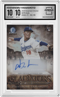 Yoshinobu Yamamoto from the 2024 Bowman Chrome set graded by Arena Club and given an overall grade of 10.