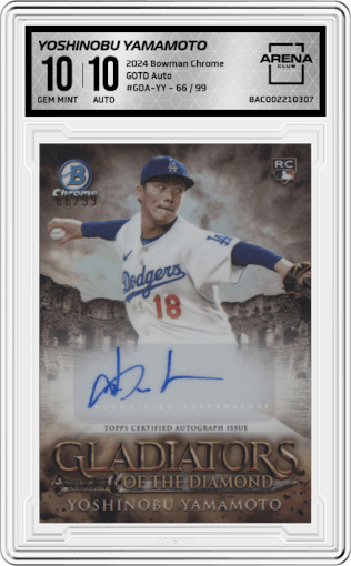 Yoshinobu Yamamoto from the 2024 Bowman Chrome set graded by Arena Club and given an overall grade of 10.
