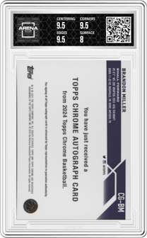 Brandon Miller from the 2023-24 Topps Chrome set graded by Arena Club and given an overall grade of 8.5.