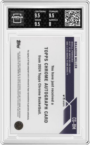 Brandon Miller from the 2023-24 Topps Chrome set graded by Arena Club and given an overall grade of 8.5.