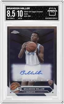 Brandon Miller from the 2023-24 Topps Chrome set graded by Arena Club and given an overall grade of 8.5.