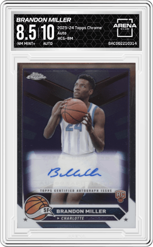 Brandon Miller from the 2023-24 Topps Chrome set graded by Arena Club and given an overall grade of 8.5.