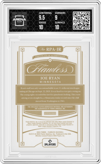Joe Ryan from the 2022 Panini Flawless set featuring a Sapphire parallel graded by Arena Club and given an overall grade of 9.5.
