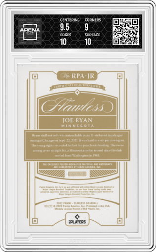 Joe Ryan from the 2022 Panini Flawless set featuring a Sapphire parallel graded by Arena Club and given an overall grade of 9.5.
