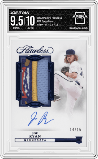 Joe Ryan from the 2022 Panini Flawless set featuring a Sapphire parallel graded by Arena Club and given an overall grade of 9.5.