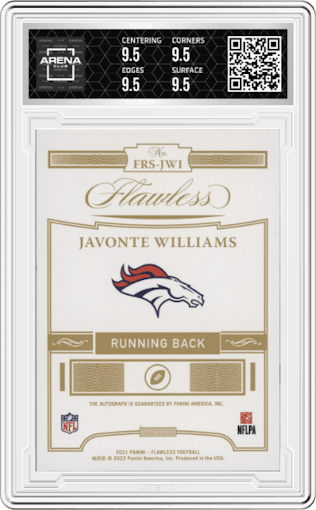 Javonte Williams from the 2021 Panini Flawless set graded by Arena Club and given an overall grade of 9.5.