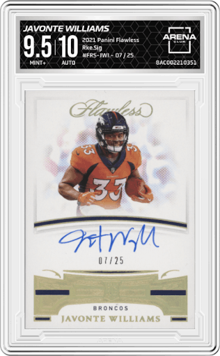 Javonte Williams from the 2021 Panini Flawless set graded by Arena Club and given an overall grade of 9.5.