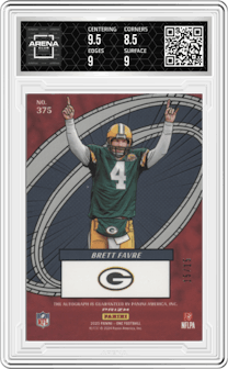 Brett Favre from the 2023 Panini One set featuring a Gold  parallel graded by Arena Club and given an overall grade of 9.
