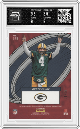 Brett Favre from the 2023 Panini One set featuring a Gold  parallel graded by Arena Club and given an overall grade of 9.