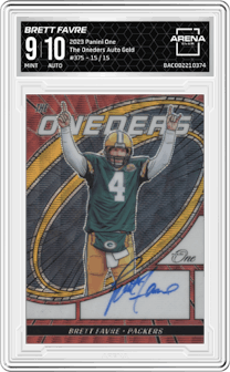 Brett Favre from the 2023 Panini One set featuring a Gold  parallel graded by Arena Club and given an overall grade of 9.