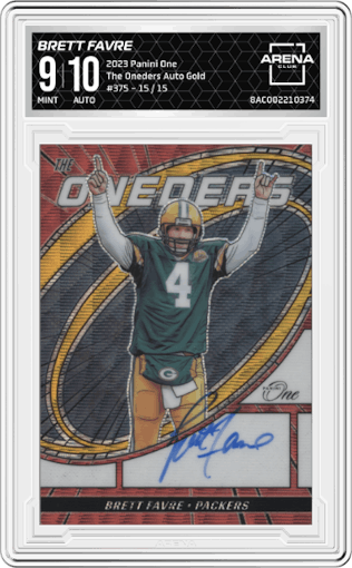 Brett Favre from the 2023 Panini One set featuring a Gold  parallel graded by Arena Club and given an overall grade of 9.