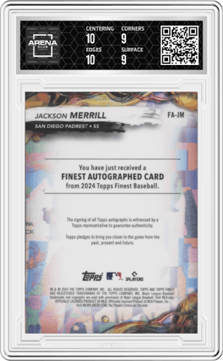 Jackson Merrill from the 2024 Topps Finest set graded by Arena Club and given an overall grade of 9.5.