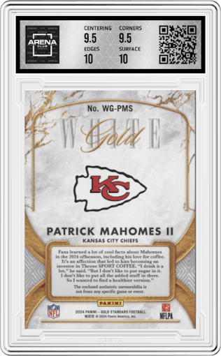 Patrick Mahomes II from the 2024 Panini Gold Standard set graded by Arena Club and given an overall grade of 10.