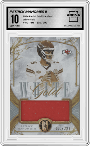 Patrick Mahomes II from the 2024 Panini Gold Standard set graded by Arena Club and given an overall grade of 10.