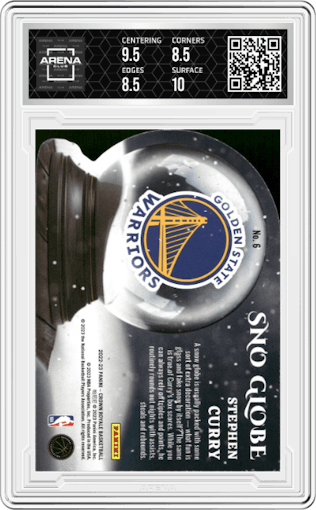 Stephen Curry from the 2022-23 Panini Crown Royale set featuring a Asia Silver parallel graded by Arena Club and given an overall grade of 9.