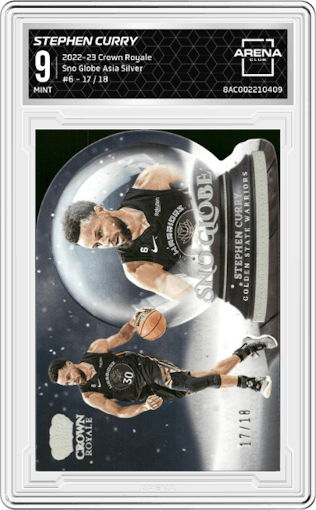 Stephen Curry from the 2022-23 Panini Crown Royale set featuring a Asia Silver parallel graded by Arena Club and given an overall grade of 9.