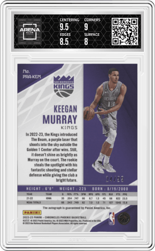 Keegan Murray from the 2022-23 Panini Chronicles  set graded by Arena Club and given an overall grade of 8.5.