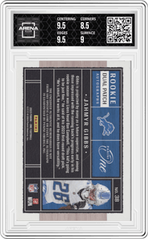 Jahmyr Gibbs from the 2023 Panini One set featuring a Red parallel graded by Arena Club and given an overall grade of 9.