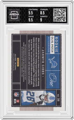Jahmyr Gibbs from the 2023 Panini One set featuring a Red parallel graded by Arena Club and given an overall grade of 9.