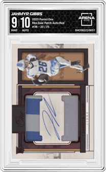 Jahmyr Gibbs from the 2023 Panini One set featuring a Red parallel graded by Arena Club and given an overall grade of 9.