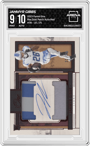 Jahmyr Gibbs from the 2023 Panini One set featuring a Red parallel graded by Arena Club and given an overall grade of 9.