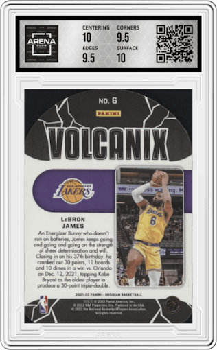 LeBron James from the 2021-22 Panini Obsidian set graded by Arena Club and given an overall grade of 10.