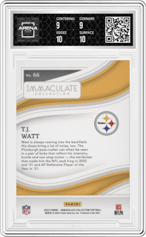 T.J. Watt from the 2023 Panini Immaculate Collection  set graded by Arena Club and given an overall grade of 9.5.
