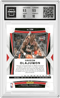 Hakeem Olajuwon from the 2023-24 Panini Obsidian set featuring a Electric Etch Molten Mojo parallel graded by Arena Club and given an overall grade of 10.