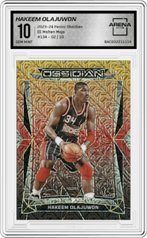 Hakeem Olajuwon from the 2023-24 Panini Obsidian set featuring a Electric Etch Molten Mojo parallel graded by Arena Club and given an overall grade of 10.