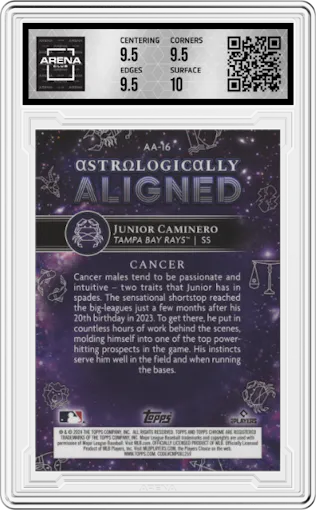 Junior Caminero from the 2024 Topps Cosmic Chrome set graded by Arena Club and given an overall grade of 10.