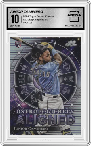 Junior Caminero from the 2024 Topps Cosmic Chrome set graded by Arena Club and given an overall grade of 10.