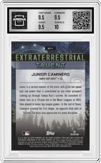 Junior Caminero from the 2024 Topps Cosmic Chrome set graded by Arena Club and given an overall grade of 10.