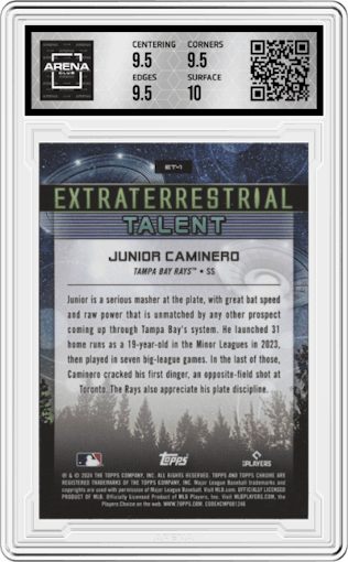 Junior Caminero from the 2024 Topps Cosmic Chrome set graded by Arena Club and given an overall grade of 10.