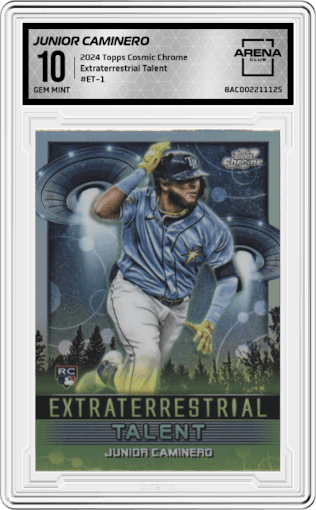 Junior Caminero from the 2024 Topps Cosmic Chrome set graded by Arena Club and given an overall grade of 10.