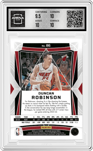 Duncan Robinson from the 2023-24 Panini Obsidian set featuring a Electric Etch Molten Mojo parallel graded by Arena Club and given an overall grade of 10.