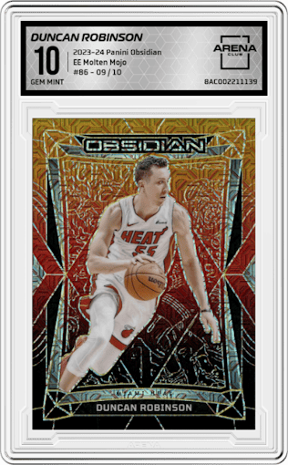 Duncan Robinson from the 2023-24 Panini Obsidian set featuring a Electric Etch Molten Mojo parallel graded by Arena Club and given an overall grade of 10.