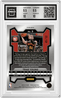 Trae Young from the 2023-24 Panini Prizm set featuring a Fast Break Pink parallel graded by Arena Club and given an overall grade of 10.