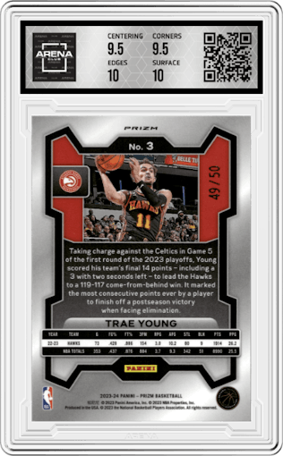 Trae Young from the 2023-24 Panini Prizm set featuring a Fast Break Pink parallel graded by Arena Club and given an overall grade of 10.