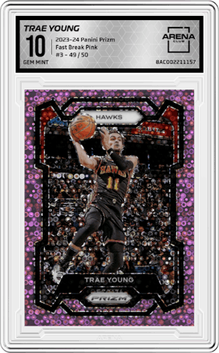 Trae Young from the 2023-24 Panini Prizm set featuring a Fast Break Pink parallel graded by Arena Club and given an overall grade of 10.