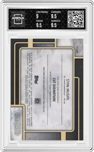 Stan Musial from the 2023 Topps Diamond Icons set graded by Arena Club and given an overall grade of 9.5.