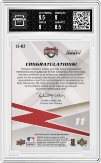 Ryan Zimmerman from the 2009 Upper Deck Spectrum set graded by Arena Club and given an overall grade of 9.